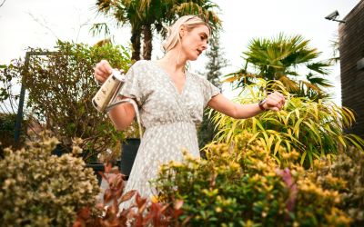 Eine Person gießt Blumen im Garten